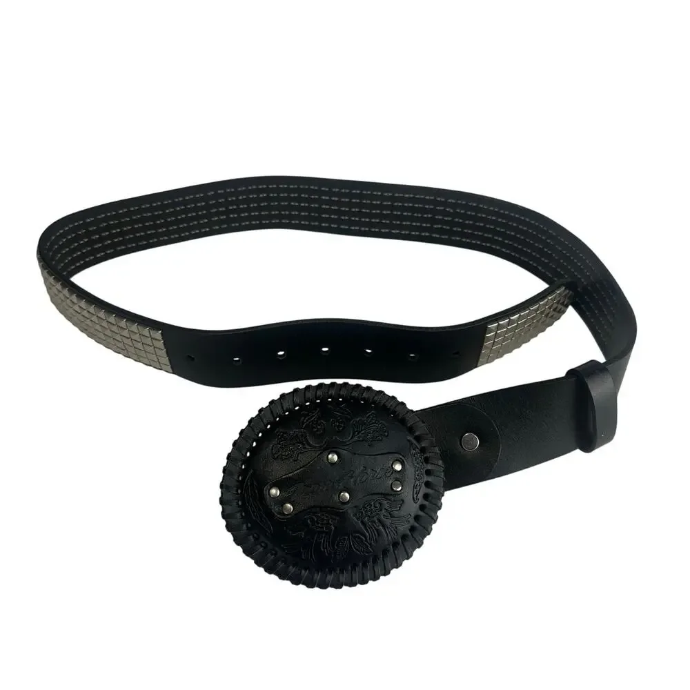 Iron Horse Black Studded Embossed Leather Belt with leather Buckle Size S/M